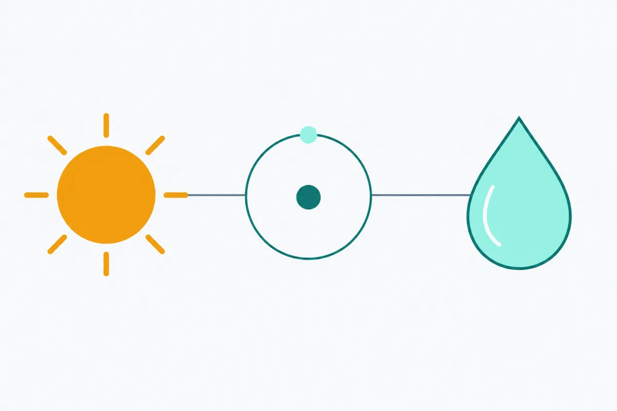 Ba hình nối nhau bằng một đường ngang: mặt trời, một nguyên tử hydro với một electron duy nhất, và một giọt nước.